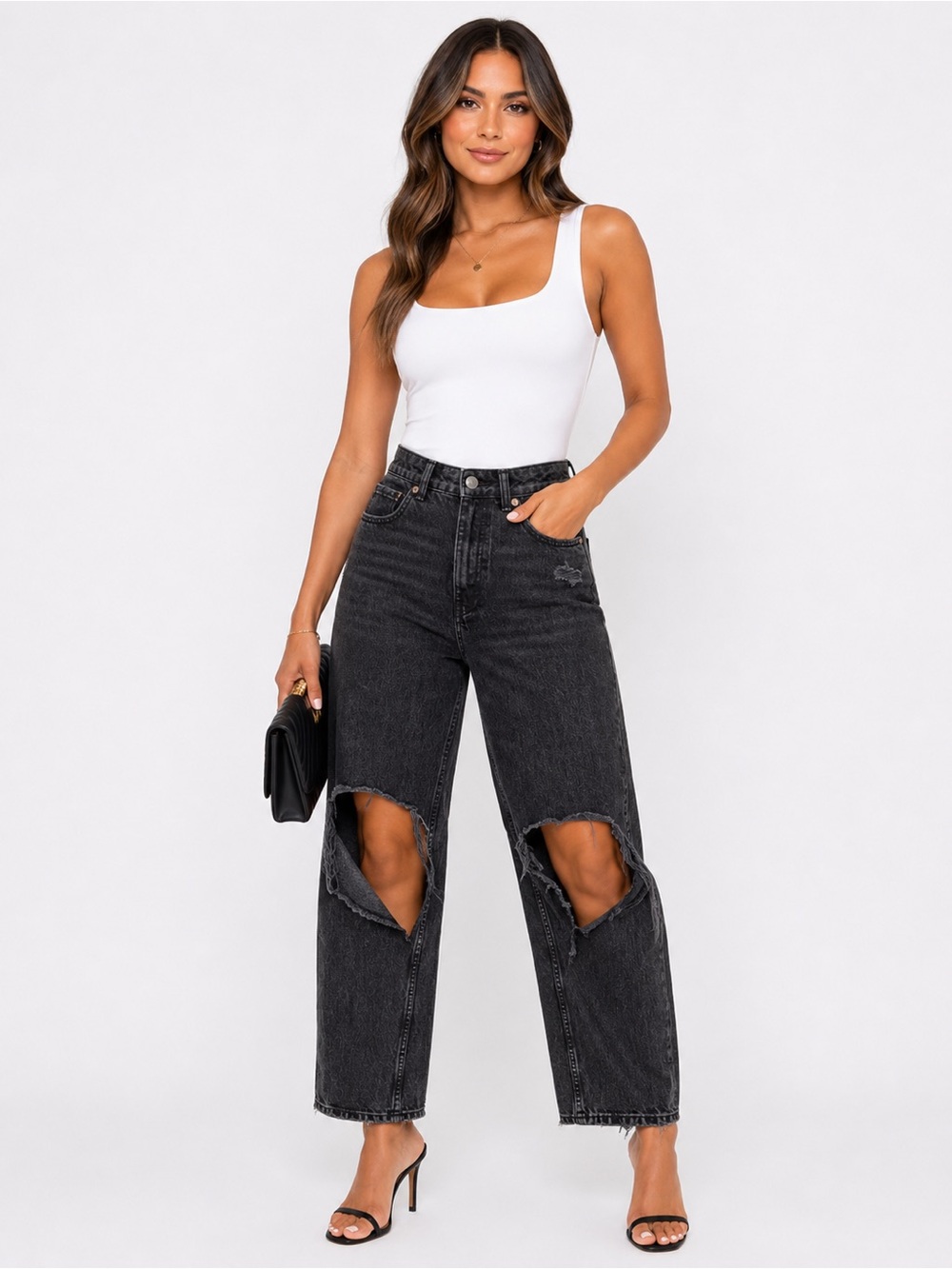 ZARA High Rise Black Distressed Knee Straight Leg Jeans Size 6